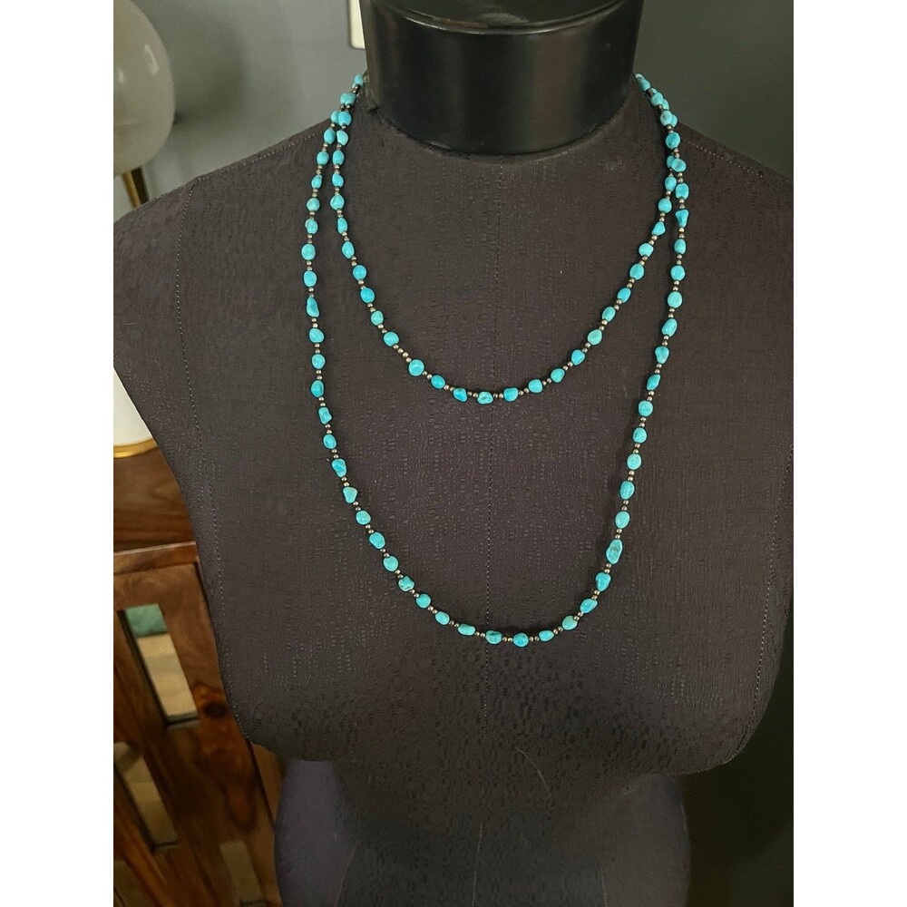 Vintage Genuine Turquoise Sterling Silver 2 strand bead necklace Native American - Picture 8 of 11